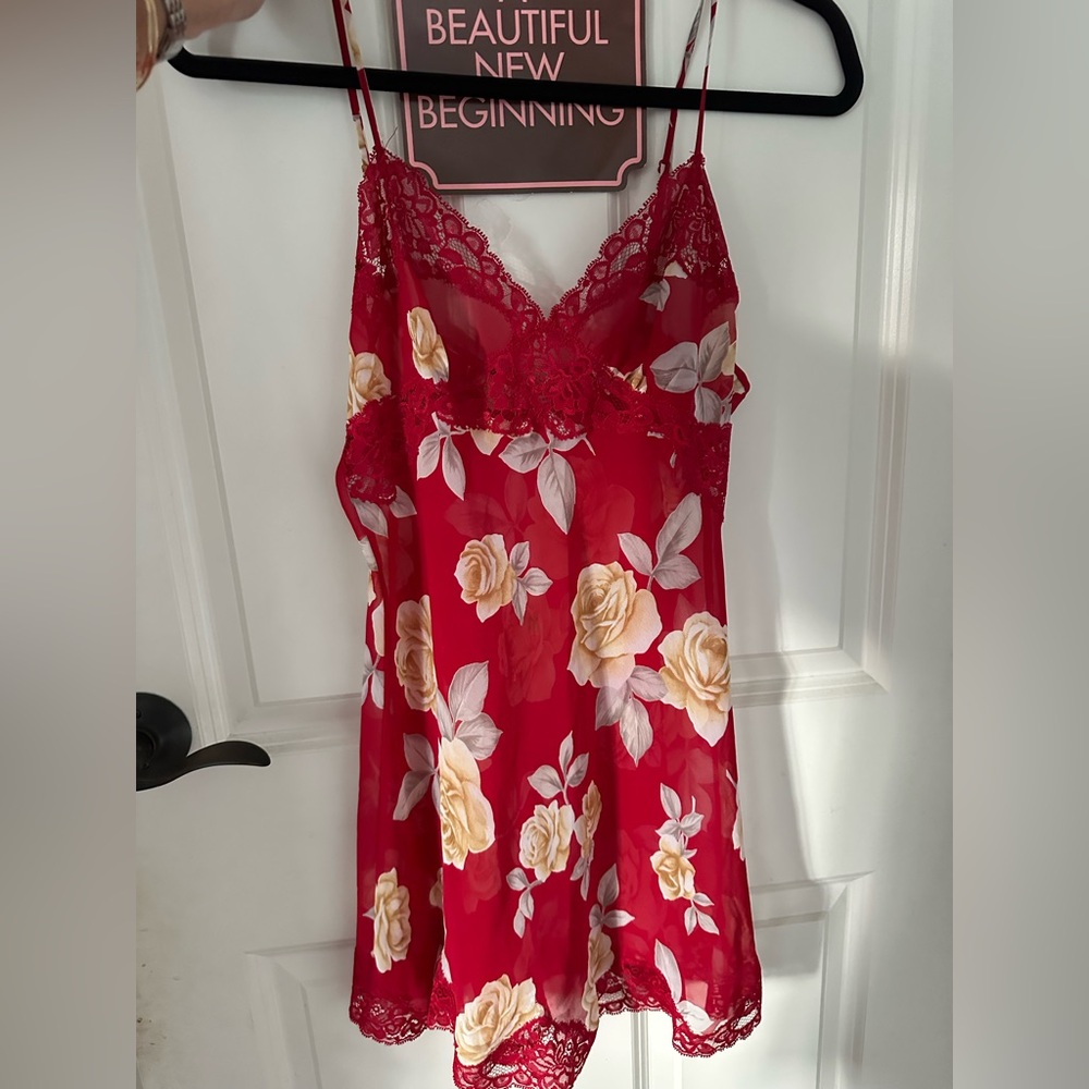 Victoria's Secret Red and Cream Floral Lace Chemise